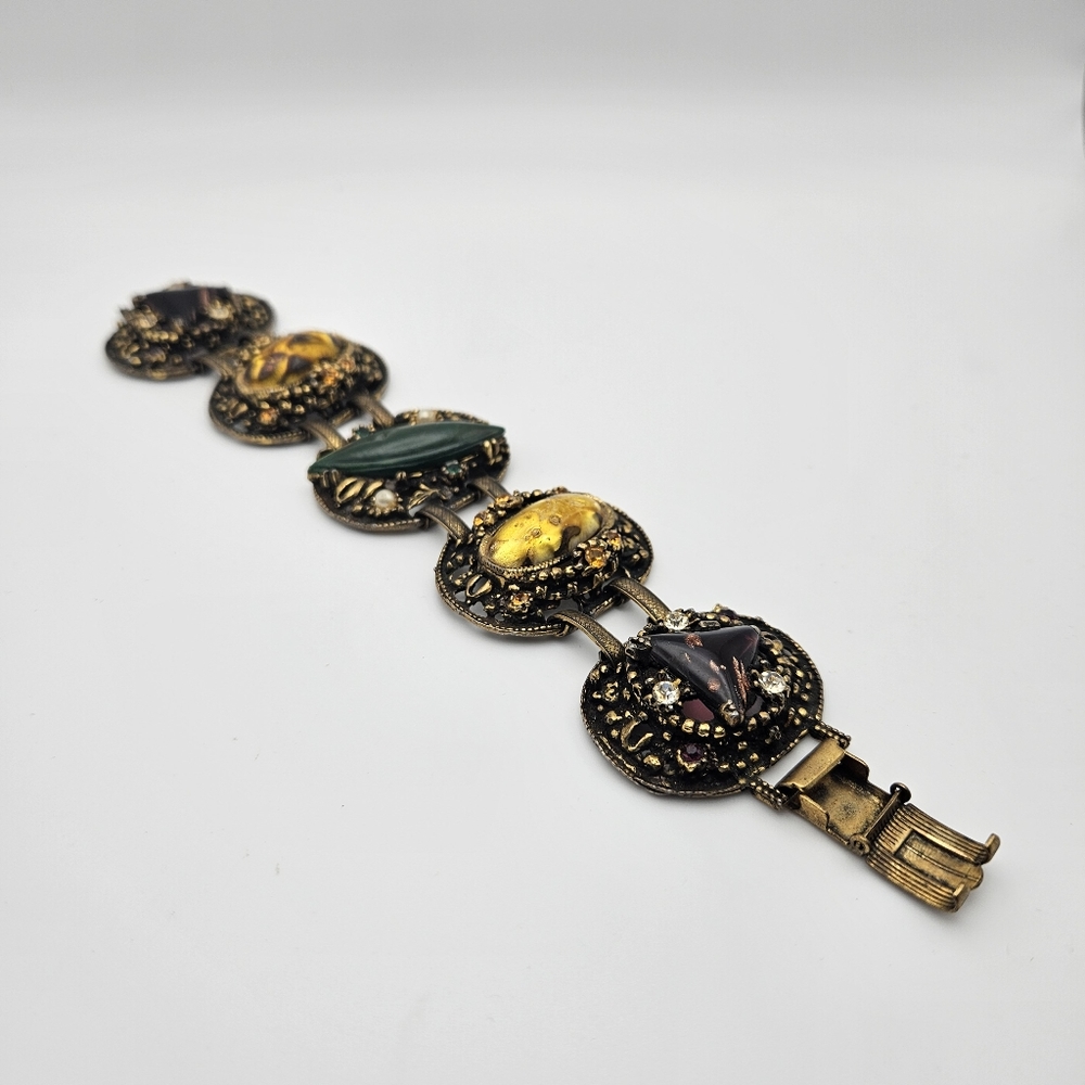 Vintage SELRO Chunky Panel Bracelet Gold Tone Unsigned *Missing One Stone*